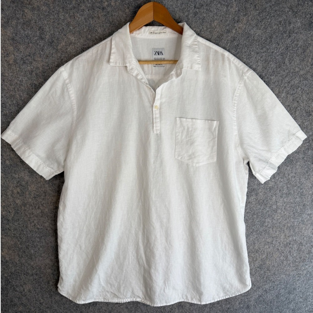 Zara Relaxed Fit European Linen Popover Shirt Mens XL White Coastal Quiet Luxury